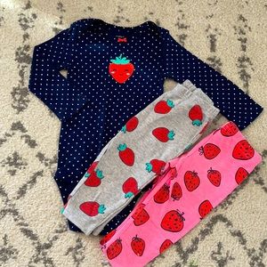 Carter’s 9 month girl strawberry long sleeve bodysuit/ 2 leggings